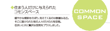 COMMON SPACE 住まう人だけに与えられたコモンスペース 緩やかな傾斜をのぼり、見えてくるのは静謐なる丘。そこに設けられた街の人々だけの共有空間。住まいと共に贅沢な空間をプラスしました。